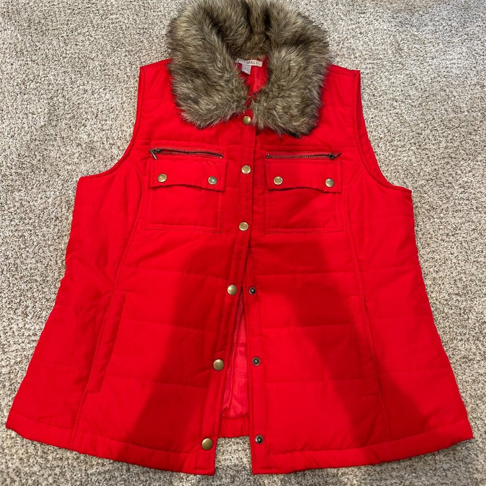 Red puffer vest with faux fur collar